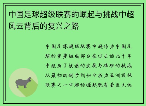 中国足球超级联赛的崛起与挑战中超风云背后的复兴之路 中国足球超级联赛的崛起与挑战中超风云背后的复兴之路