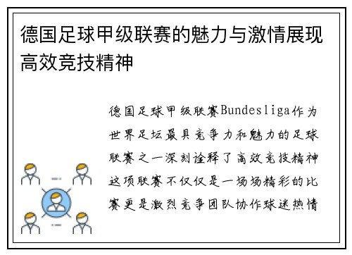 德国足球甲级联赛的魅力与激情展现高效竞技精神 德国足球甲级联赛的魅力与激情展现高效竞技精神